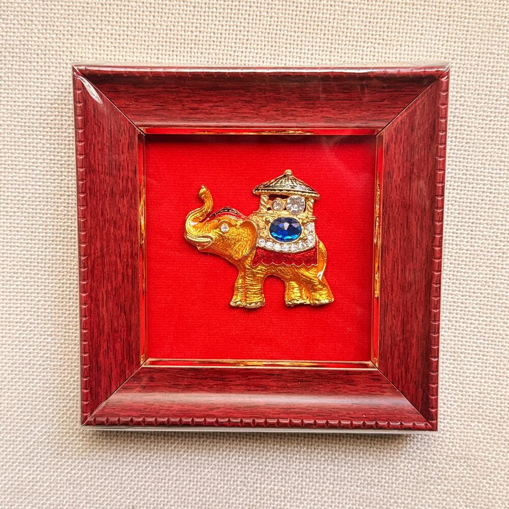 Gilded Elephant with Jeweled Howdah, Red Lacquer Frame